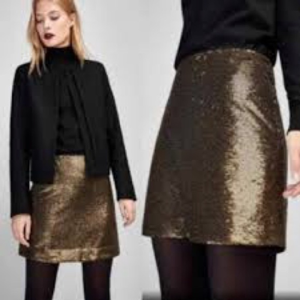 NWT Massimo Dutti Women's Gold Sequin Mini Skirt Lined Zipper SMALL